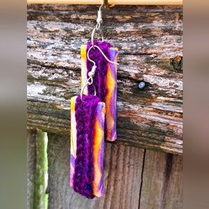 Rectangle Knit Earrings Purple Hand Dyed Yarn Orange Cotton